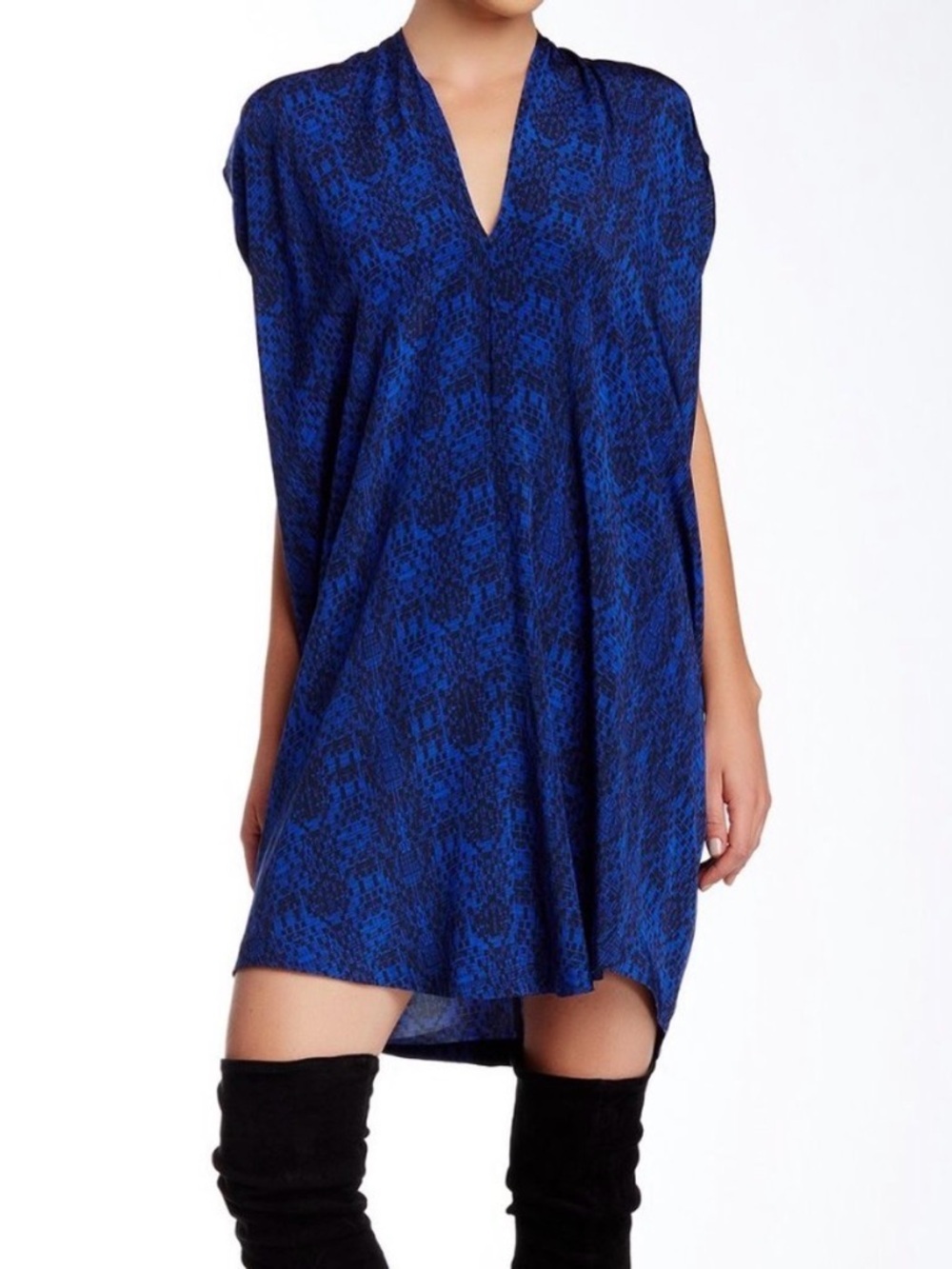 $295 NEW Vince. Blue Black Double V Neck Oversized Silk Shift Dress Tunic EUC XS